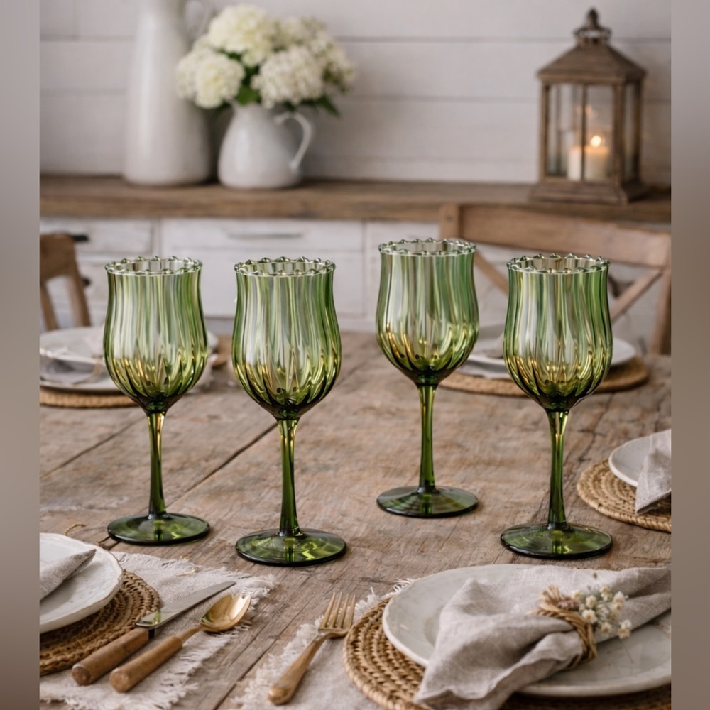 🍷Set of 4 Elegant Green Wine Glasses - Picture 3 of 11